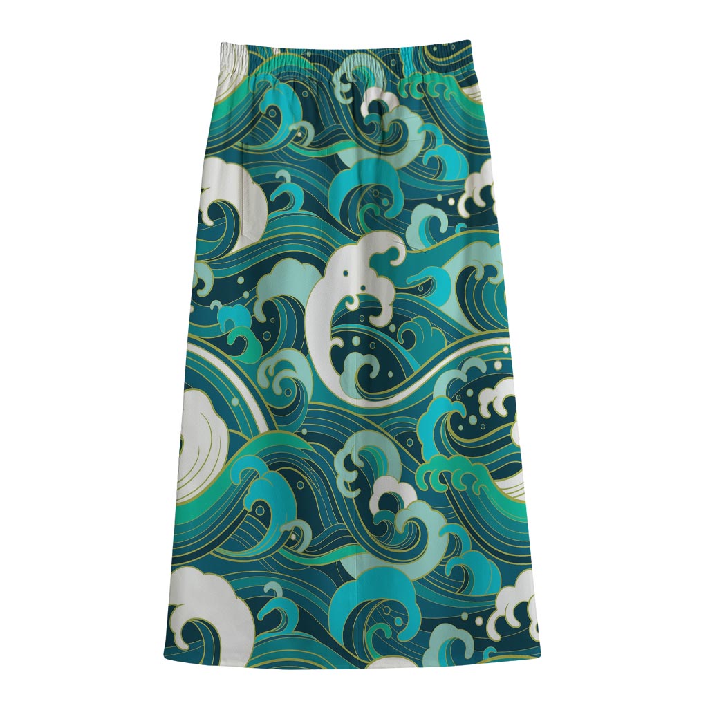 Deep Sea Wave Surfing Pattern Print Cotton Front Slit Maxi Skirt