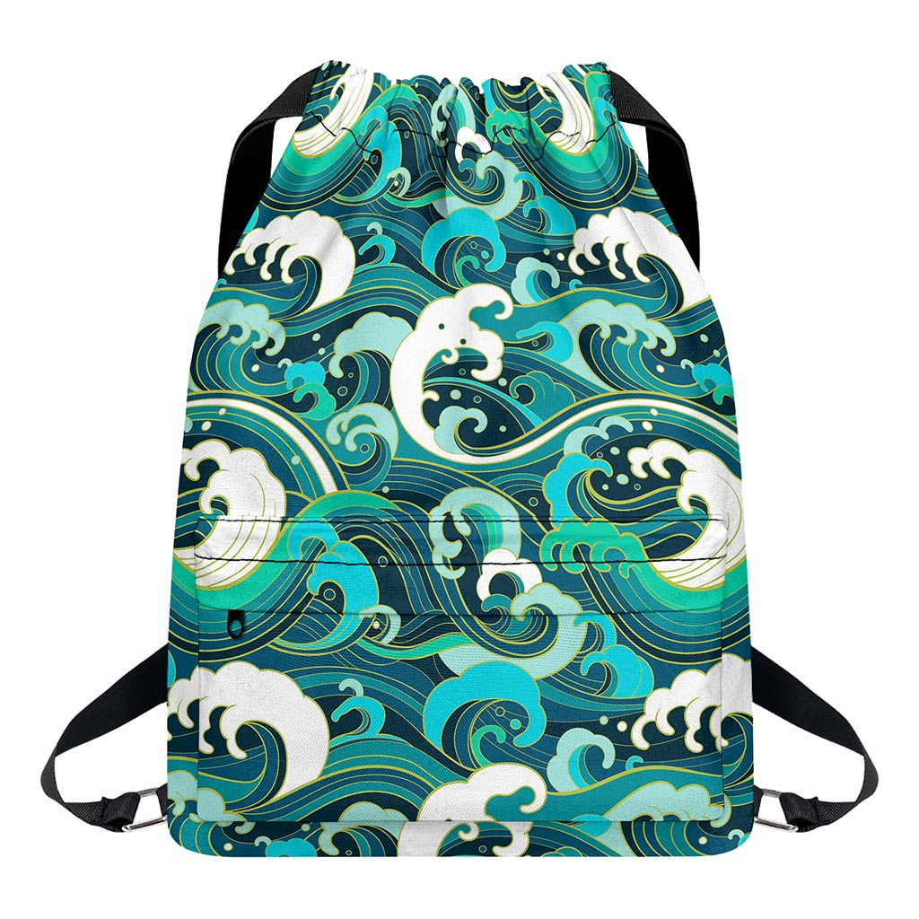 Deep Sea Wave Surfing Pattern Print Drawstring Backpack
