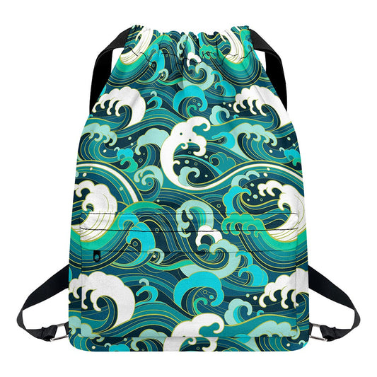 Deep Sea Wave Surfing Pattern Print Drawstring Backpack