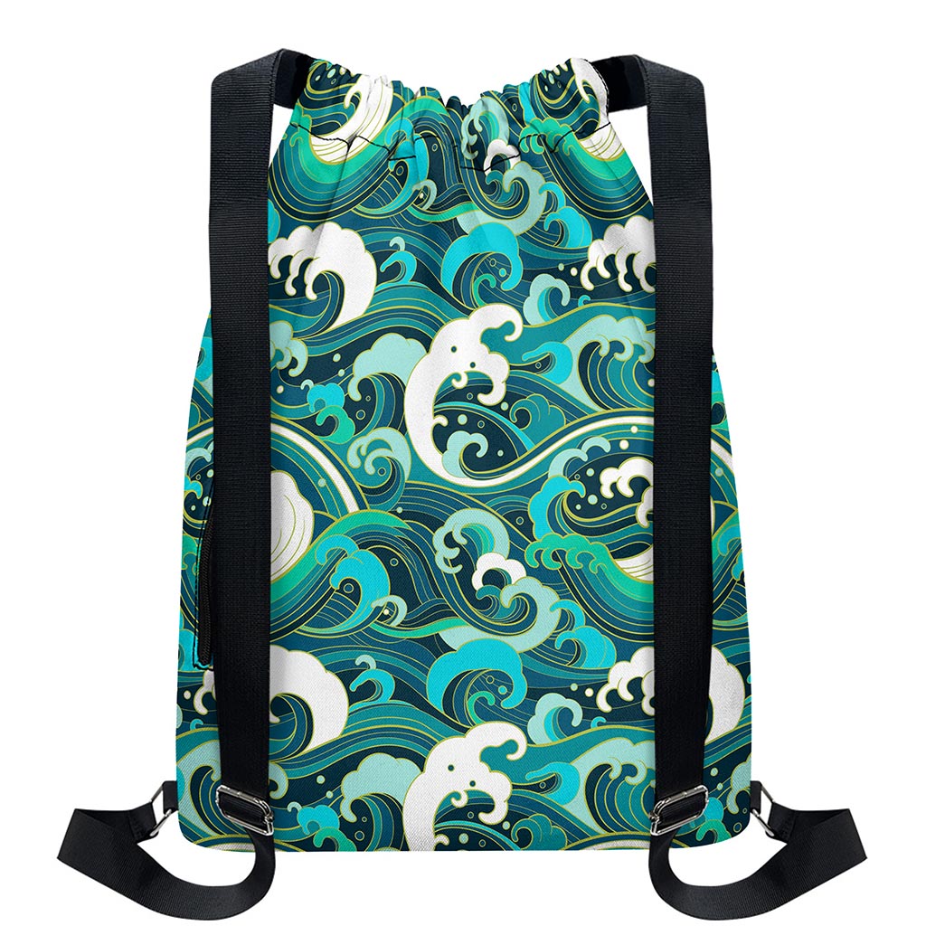 Deep Sea Wave Surfing Pattern Print Drawstring Backpack