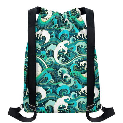 Deep Sea Wave Surfing Pattern Print Drawstring Backpack