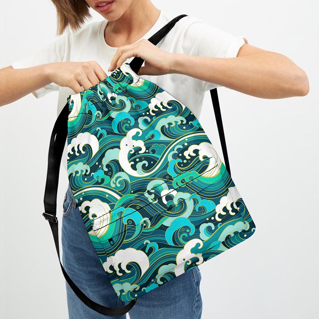 Deep Sea Wave Surfing Pattern Print Drawstring Backpack