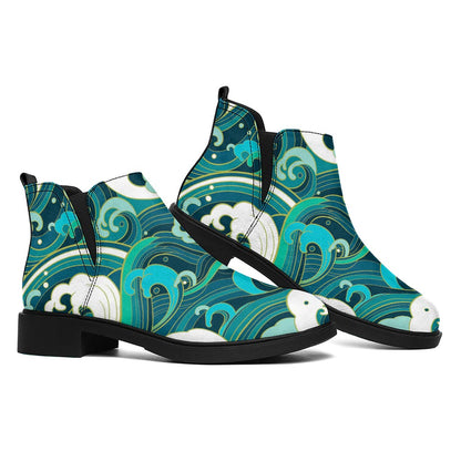 Deep Sea Wave Surfing Pattern Print Flat Ankle Boots