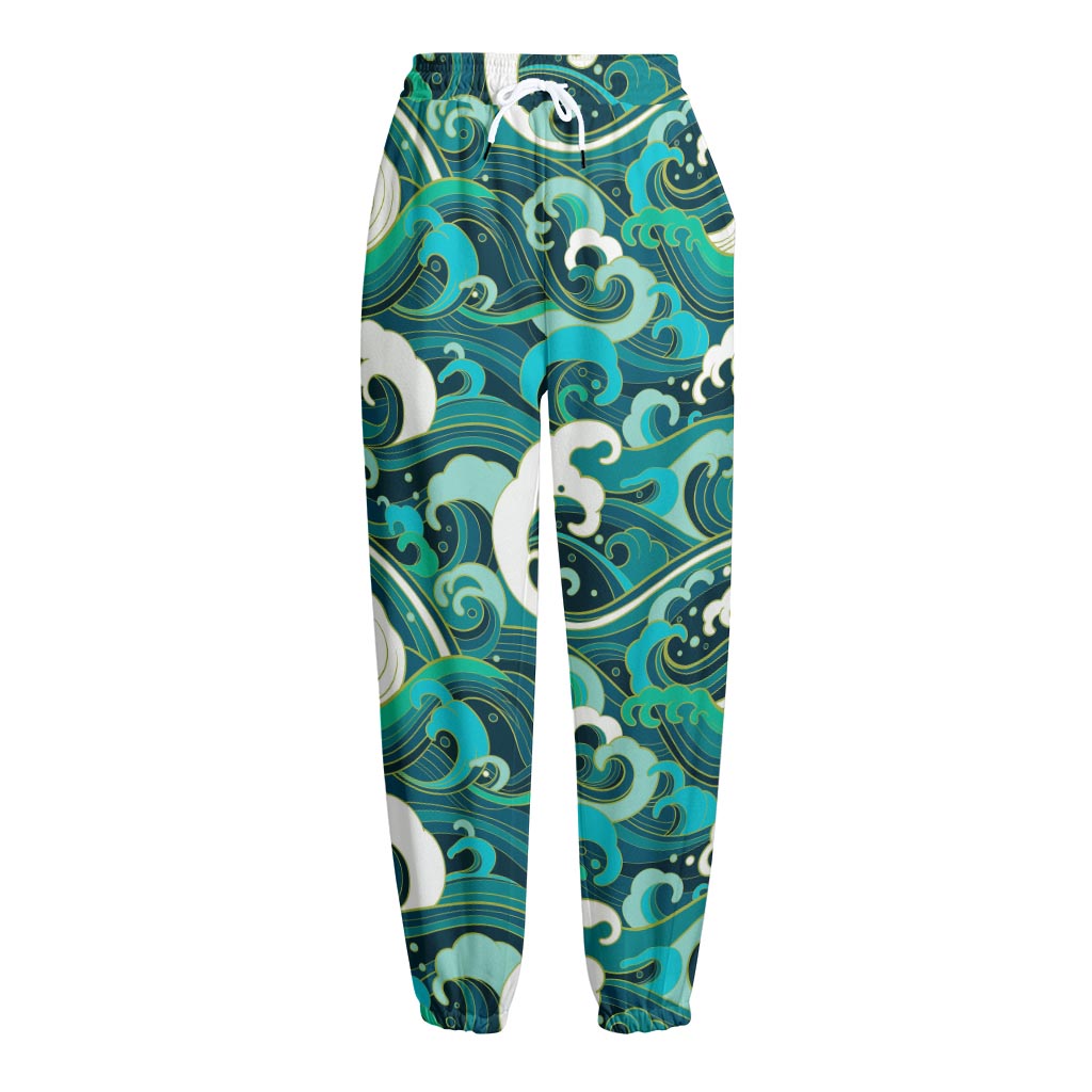 Deep Sea Wave Surfing Pattern Print Fleece Lined Knit Pants