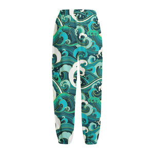 Deep Sea Wave Surfing Pattern Print Fleece Lined Knit Pants