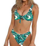 Deep Sea Wave Surfing Pattern Print Front Bow Tie Bikini
