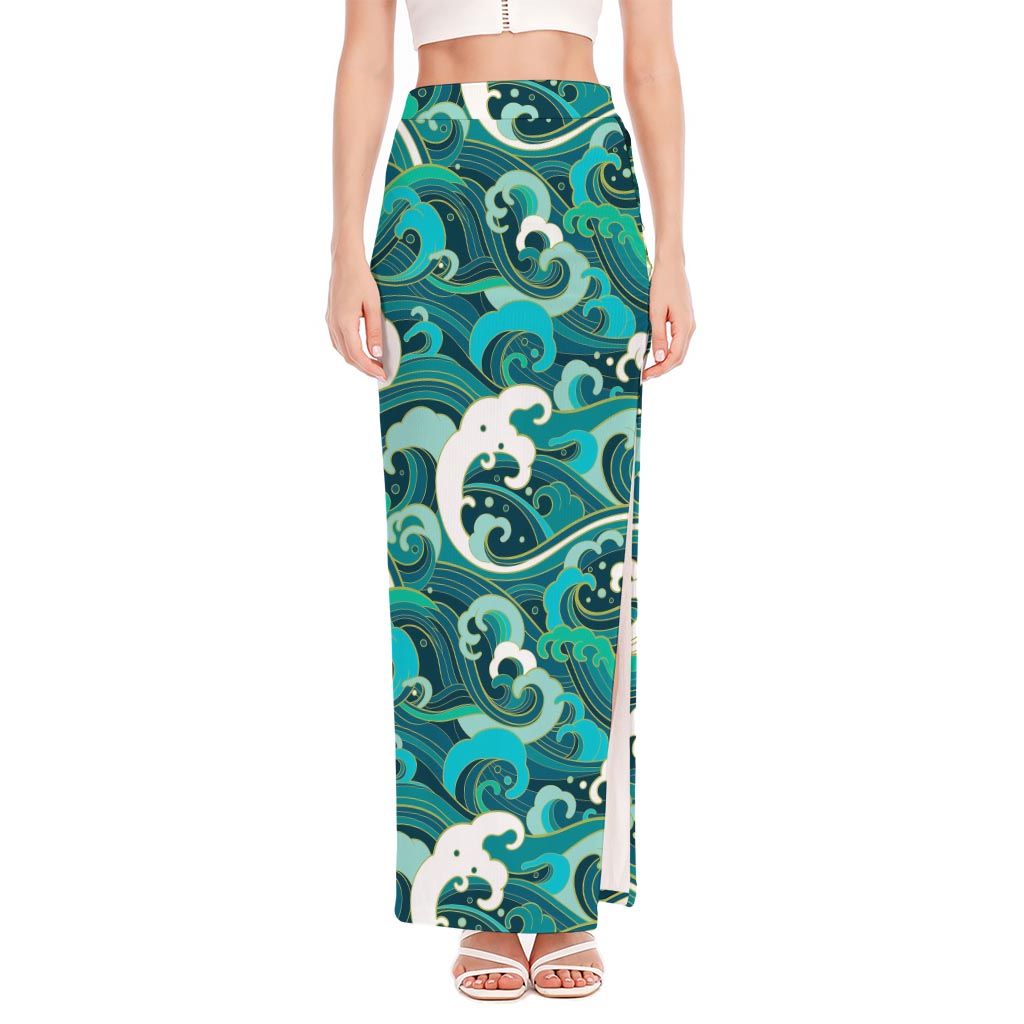 Deep Sea Wave Surfing Pattern Print High Slit Maxi Skirt