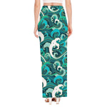 Deep Sea Wave Surfing Pattern Print High Slit Maxi Skirt