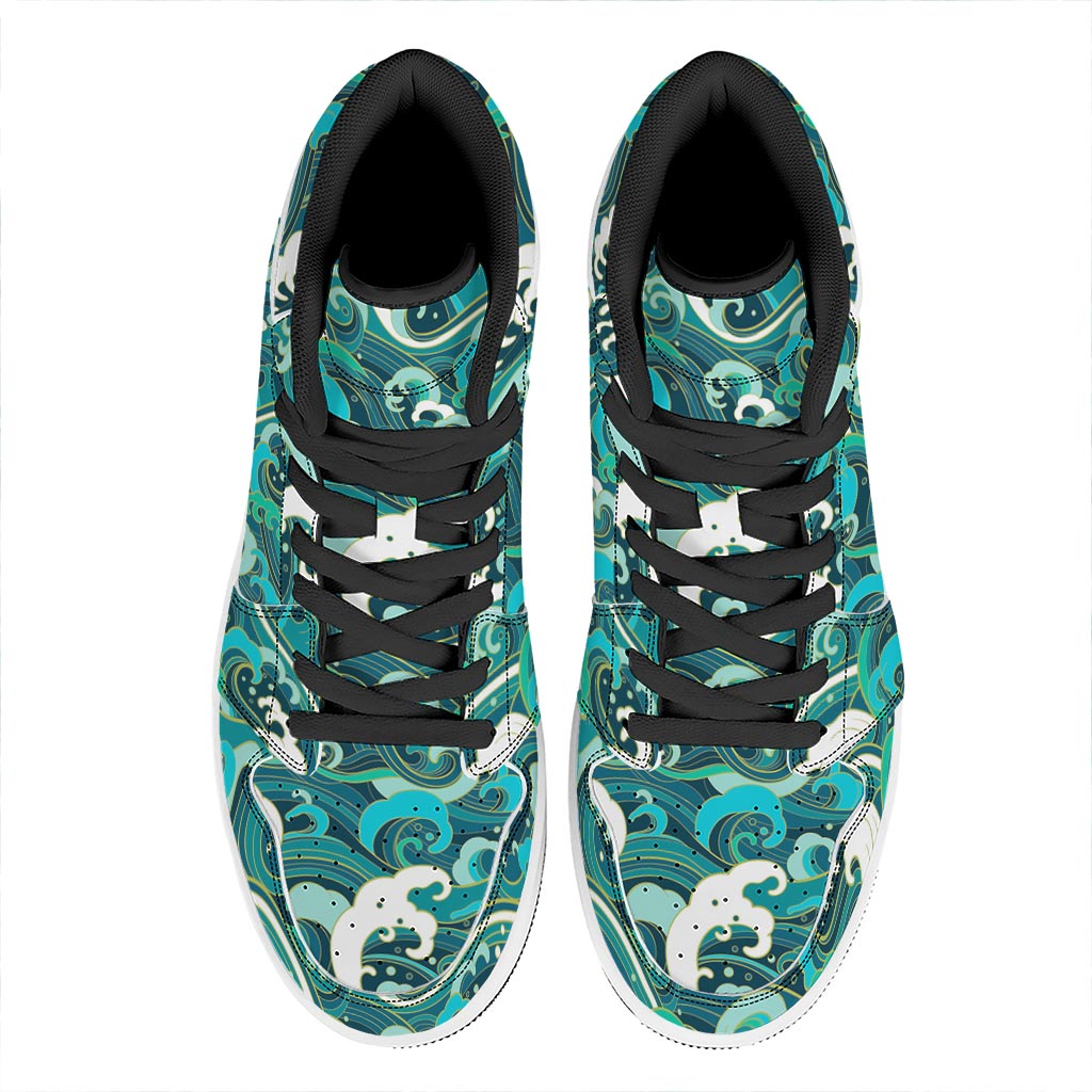 Deep Sea Wave Surfing Pattern Print High Top Leather Sneakers
