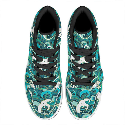 Deep Sea Wave Surfing Pattern Print High Top Leather Sneakers