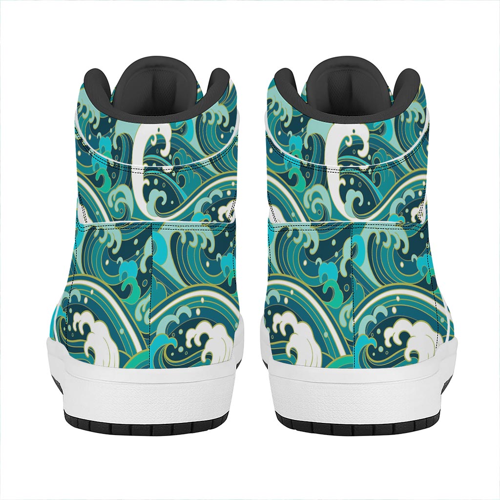 Deep Sea Wave Surfing Pattern Print High Top Leather Sneakers