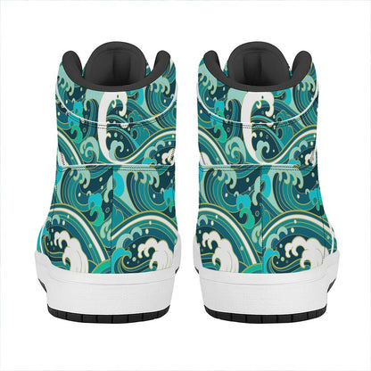 Deep Sea Wave Surfing Pattern Print High Top Leather Sneakers