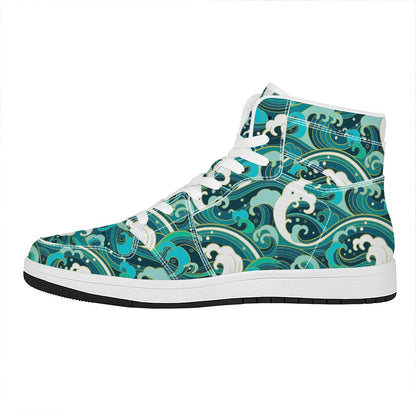 Deep Sea Wave Surfing Pattern Print High Top Leather Sneakers