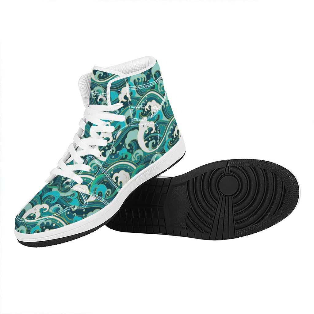 Deep Sea Wave Surfing Pattern Print High Top Leather Sneakers