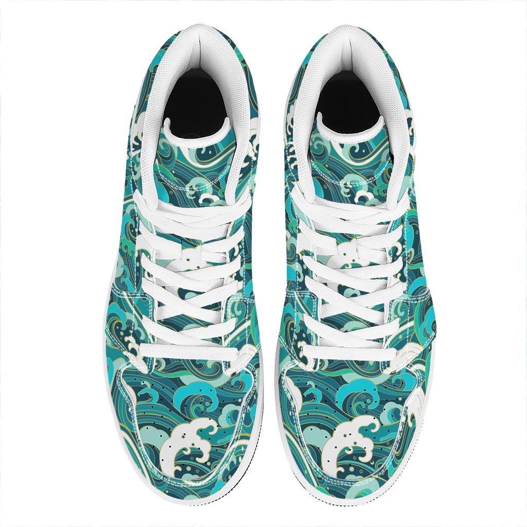 Deep Sea Wave Surfing Pattern Print High Top Leather Sneakers