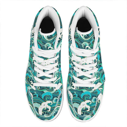 Deep Sea Wave Surfing Pattern Print High Top Leather Sneakers