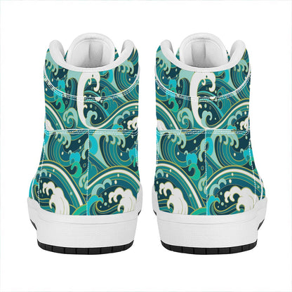 Deep Sea Wave Surfing Pattern Print High Top Leather Sneakers