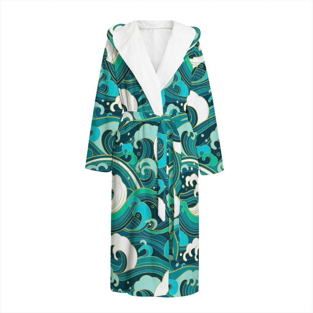 Deep Sea Wave Surfing Pattern Print Hooded Bathrobe