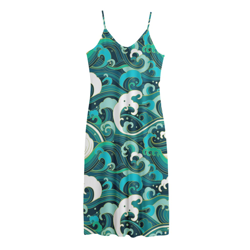 Deep Sea Wave Surfing Pattern Print Jersey Midi Cami Dress