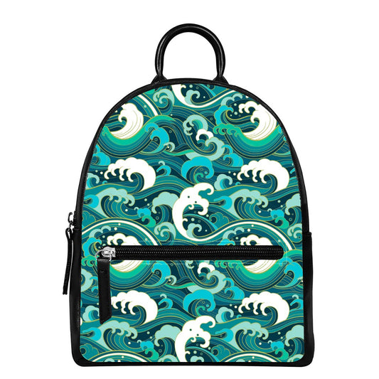 Deep Sea Wave Surfing Pattern Print Leather Backpack