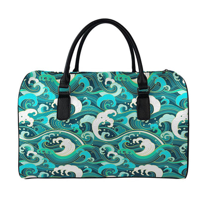 Deep Sea Wave Surfing Pattern Print Leather Duffle Bag