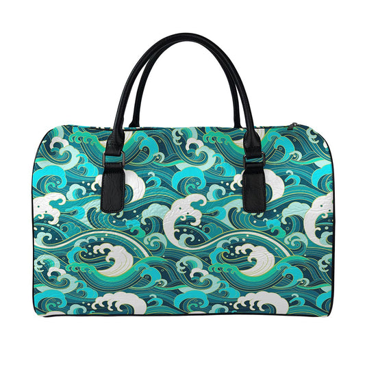 Deep Sea Wave Surfing Pattern Print Leather Duffle Bag