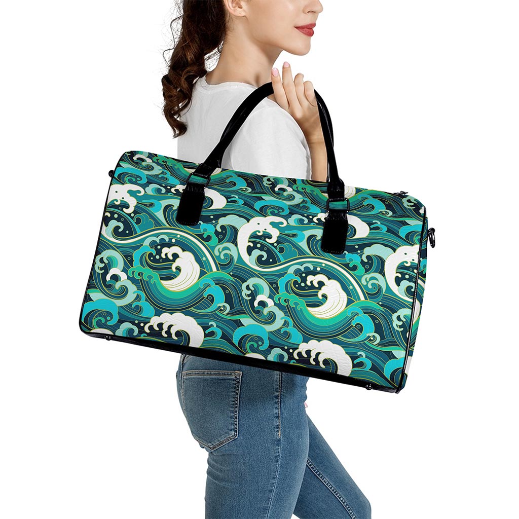 Deep Sea Wave Surfing Pattern Print Leather Duffle Bag