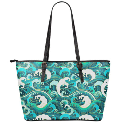 Deep Sea Wave Surfing Pattern Print Leather Tote Bag