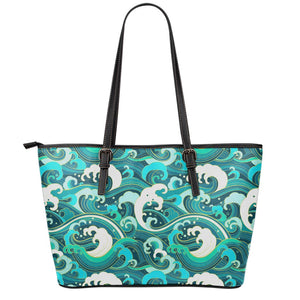 Deep Sea Wave Surfing Pattern Print Leather Tote Bag