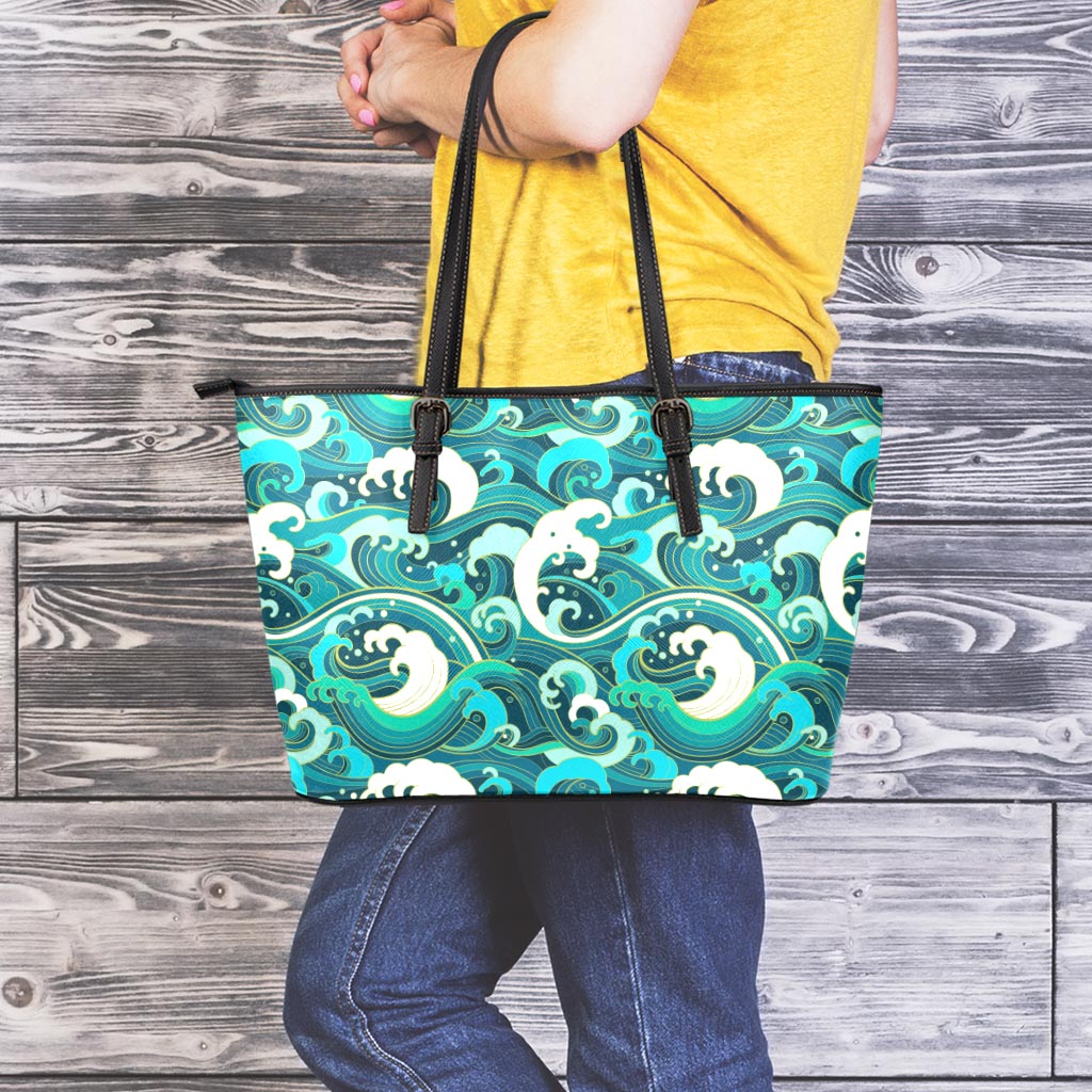 Deep Sea Wave Surfing Pattern Print Leather Tote Bag