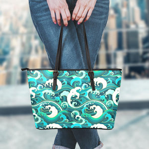Deep Sea Wave Surfing Pattern Print Leather Tote Bag