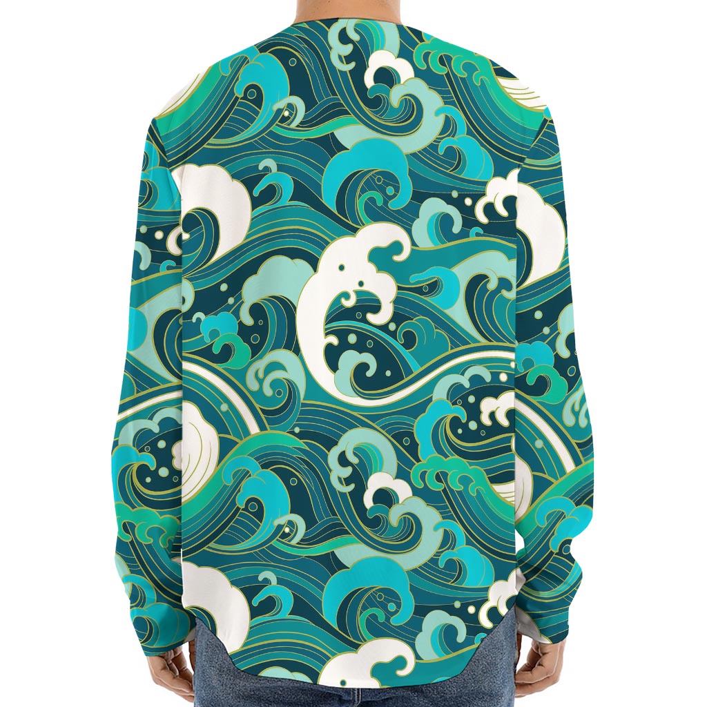 Deep Sea Wave Surfing Pattern Print Long Sleeve Baseball Jersey