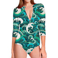 Deep Sea Wave Surfing Pattern Print Long Sleeve Swimsuit