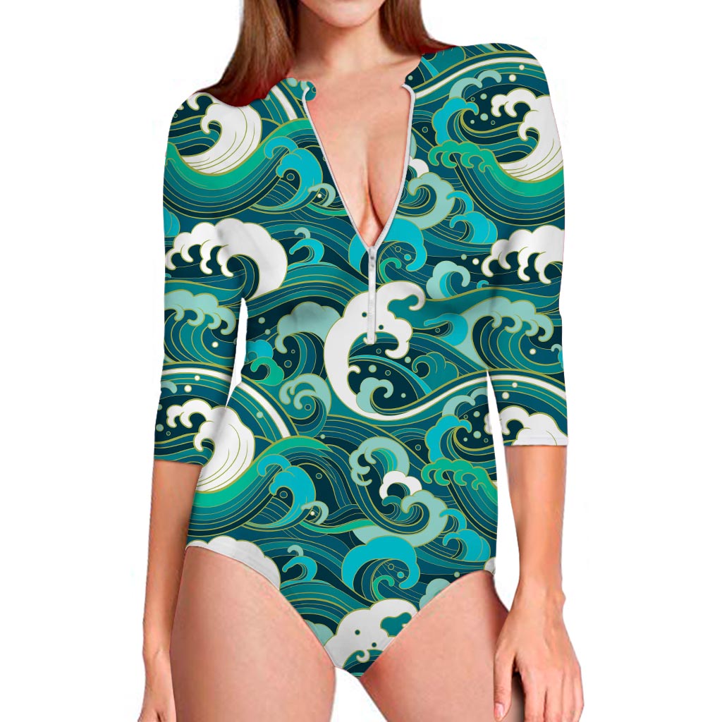 Deep Sea Wave Surfing Pattern Print Long Sleeve Swimsuit