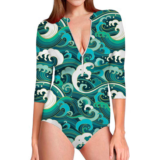 Deep Sea Wave Surfing Pattern Print Long Sleeve Swimsuit