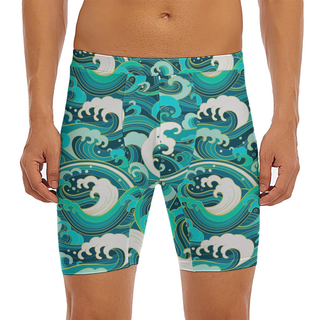 Deep Sea Wave Surfing Pattern Print Men's Long Boxer Briefs