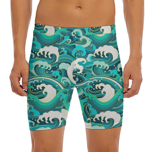 Deep Sea Wave Surfing Pattern Print Men's Long Boxer Briefs