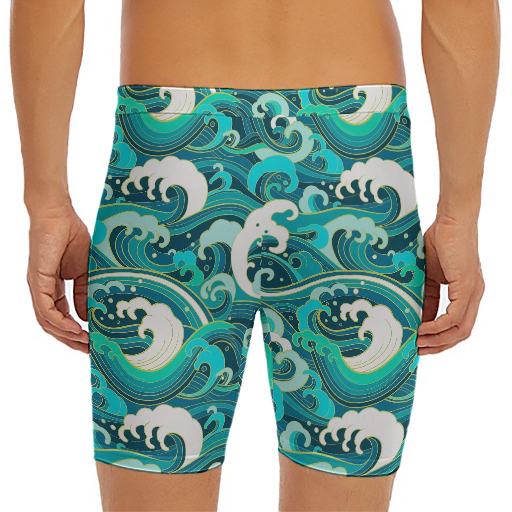 Deep Sea Wave Surfing Pattern Print Men's Long Boxer Briefs