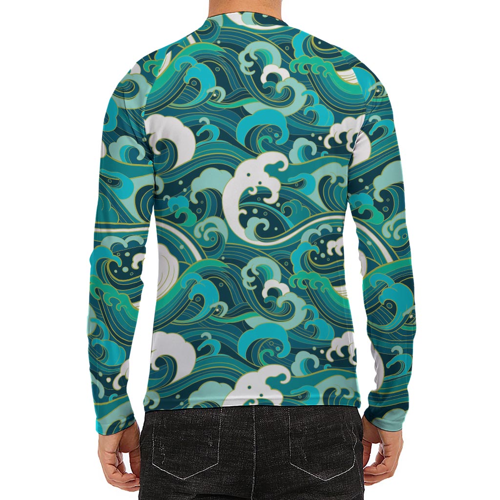 Deep Sea Wave Surfing Pattern Print Men's Long Sleeve Rash Guard