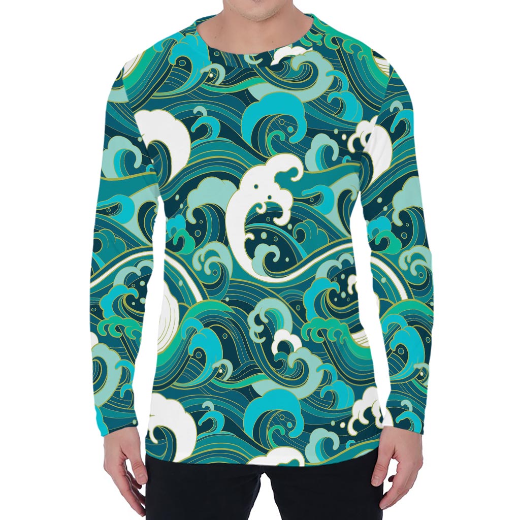 Deep Sea Wave Surfing Pattern Print Men's Long Sleeve T-Shirt