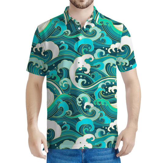 Deep Sea Wave Surfing Pattern Print Men's Polo Shirt