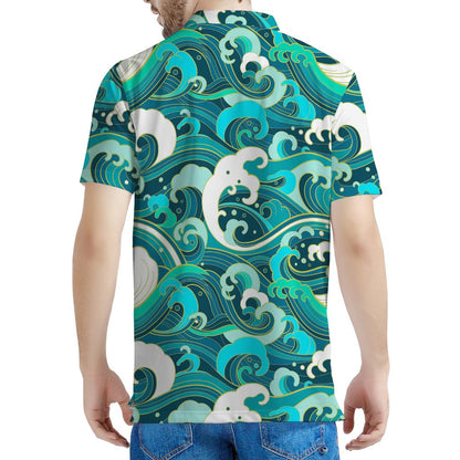 Deep Sea Wave Surfing Pattern Print Men's Polo Shirt