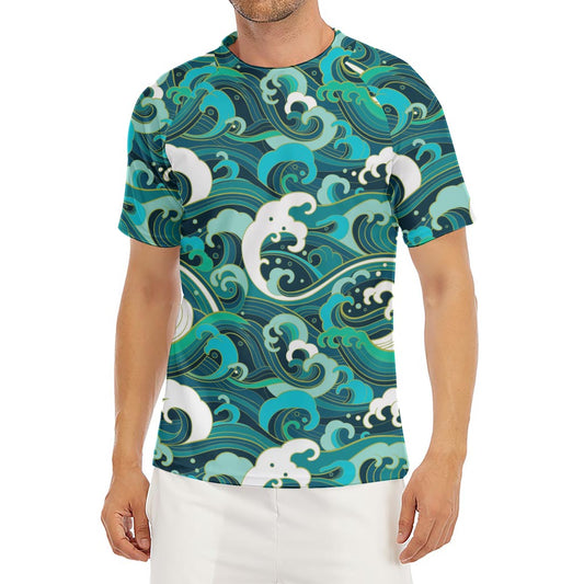 Deep Sea Wave Surfing Pattern Print Men's Short Sleeve Rash Guard
