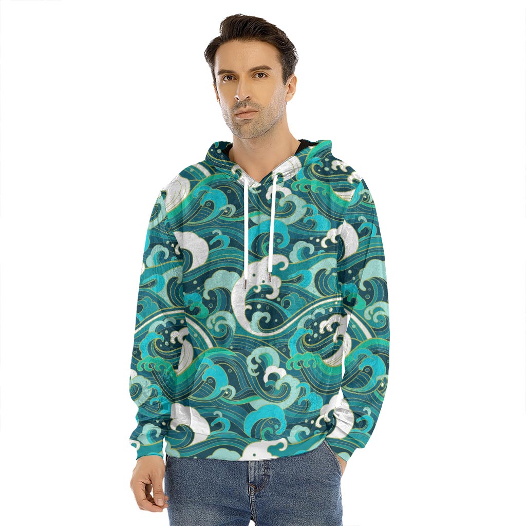 Deep Sea Wave Surfing Pattern Print Men's Velvet Pullover Hoodie