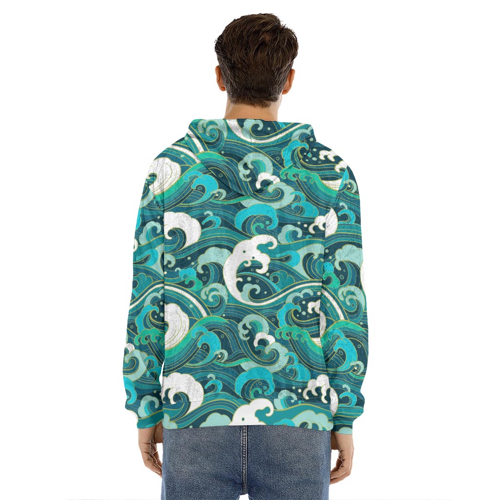 Deep Sea Wave Surfing Pattern Print Men's Velvet Pullover Hoodie
