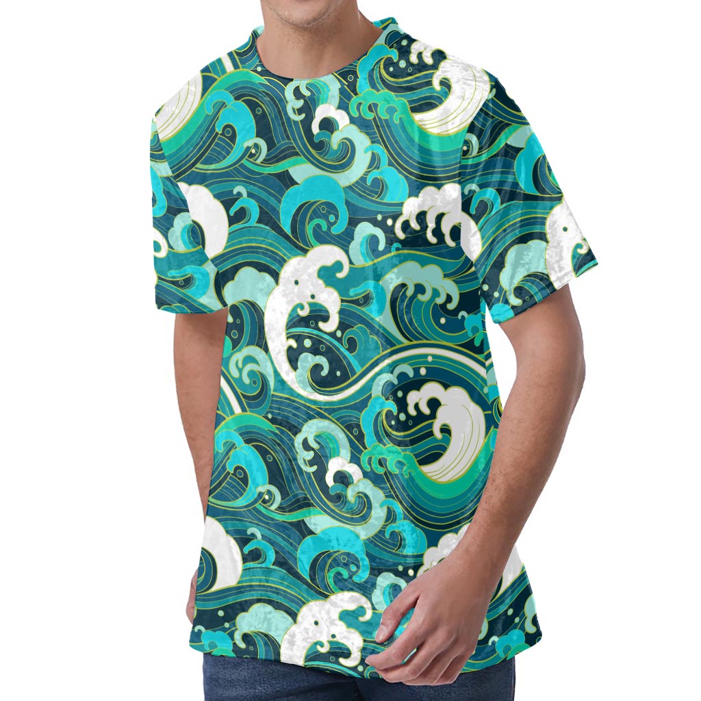 Deep Sea Wave Surfing Pattern Print Men's Velvet T-Shirt
