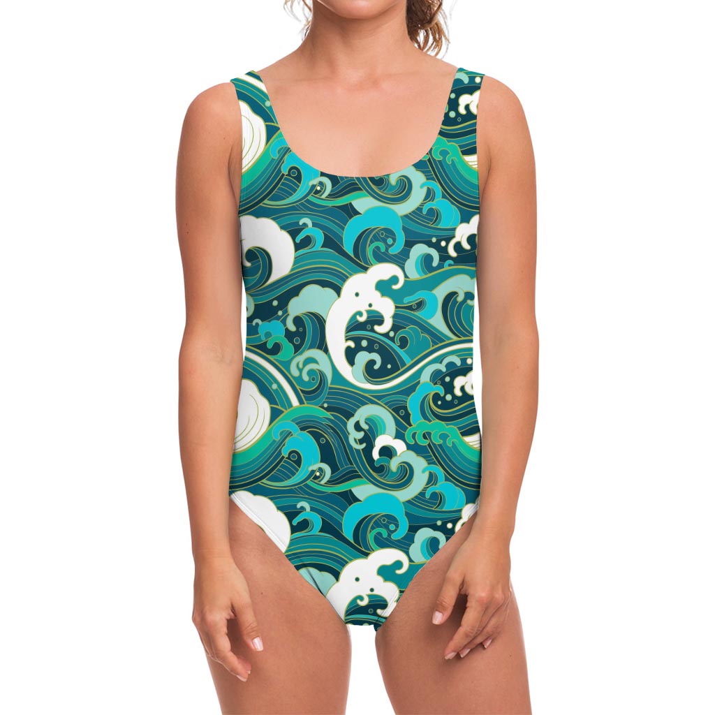 Deep Sea Wave Surfing Pattern Print One Piece Swimsuit