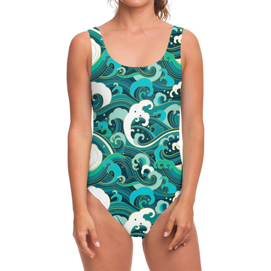 Deep Sea Wave Surfing Pattern Print One Piece Swimsuit