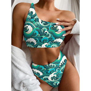 Deep Sea Wave Surfing Pattern Print One Shoulder Bikini Top