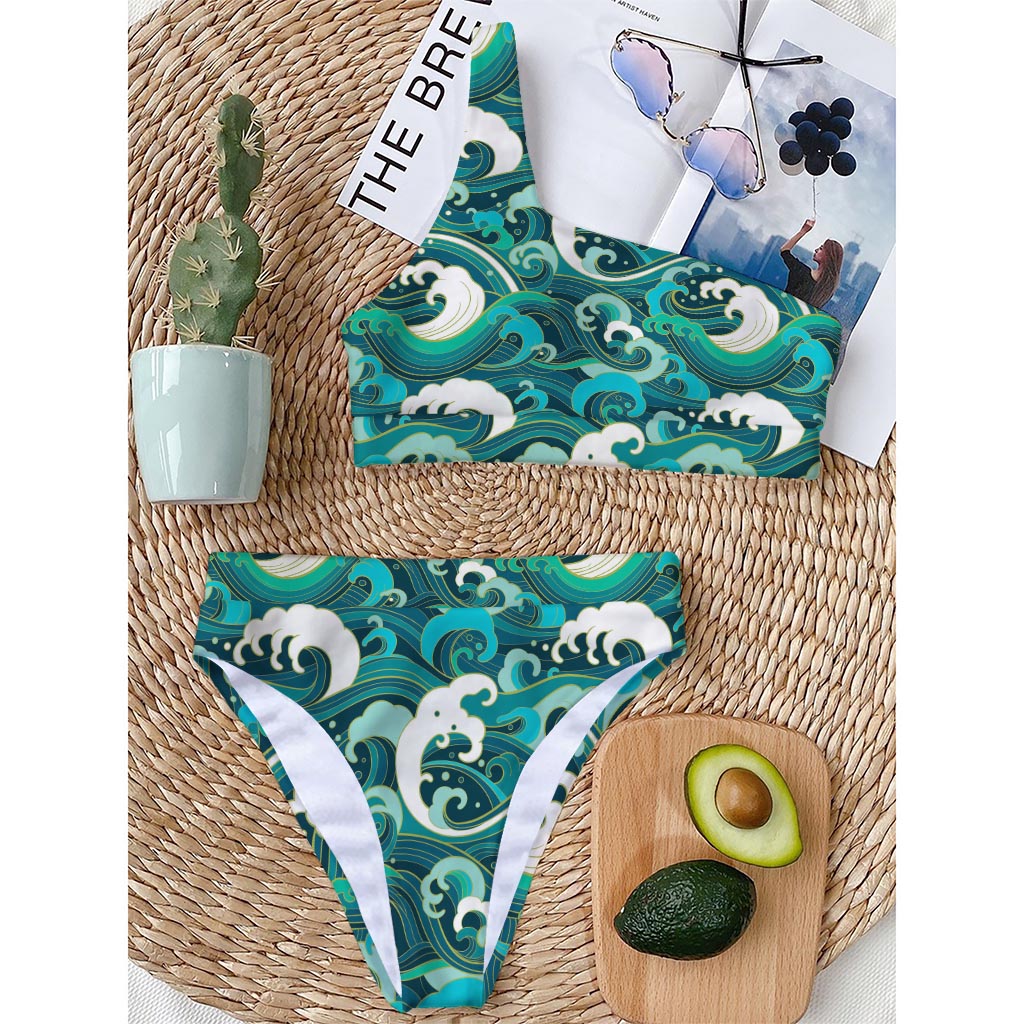 Deep Sea Wave Surfing Pattern Print One Shoulder Bikini Top